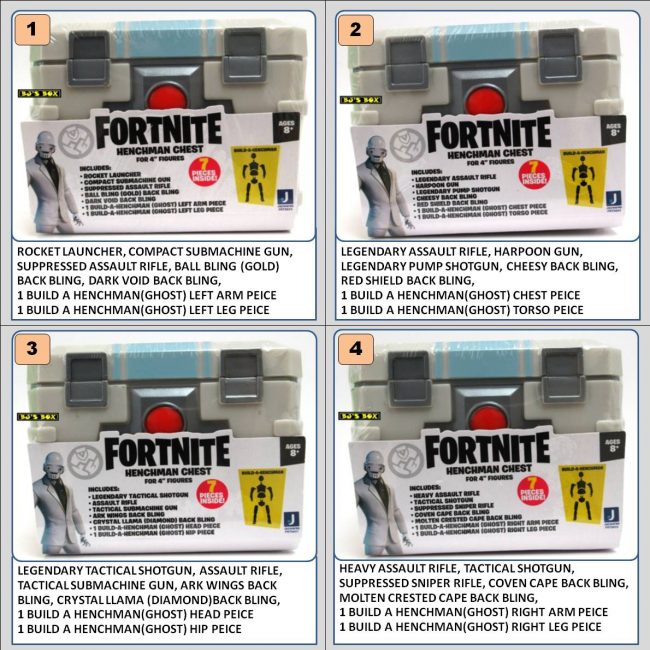 Fortnite U-Pick Henchman Chest 4 Lot Weapons Accessory Pack For 4" Figures New